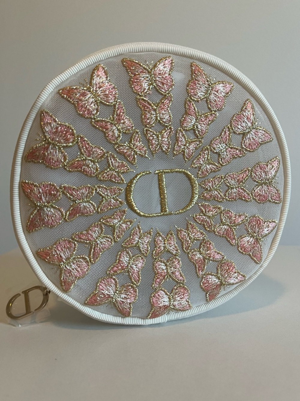 Authentic Dior Beauty Pink & Gold Embroidered Butterfly Round Mesh Makeup Pouch - Picture 8 of 10